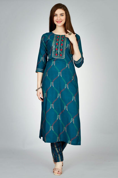 Teal Colour Rayon Kurta And Pant Set