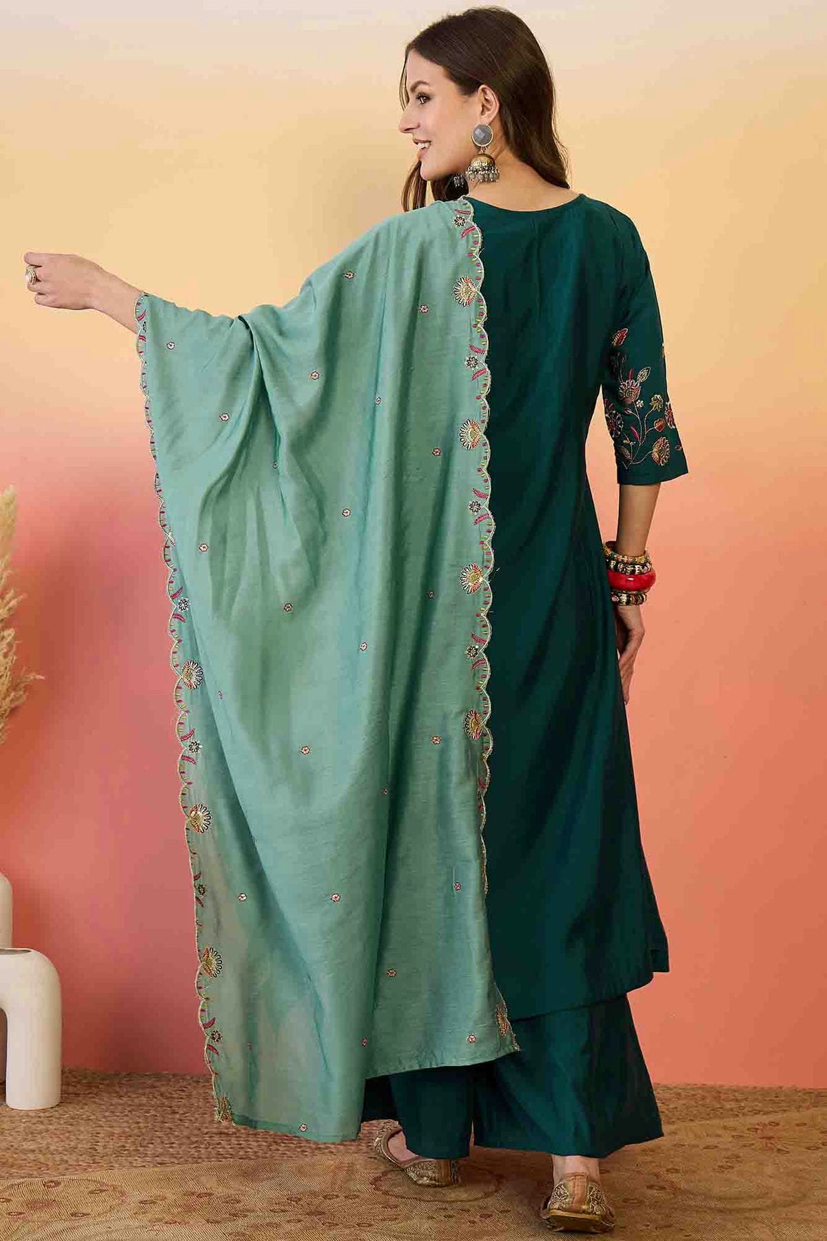 Teal Colour Roman Silk Stitched Palazzo Pant Suit VSSS1113911