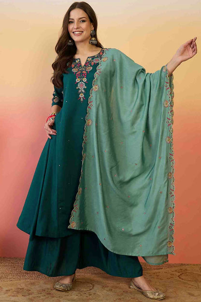 Teal Colour Roman Silk Stitched Palazzo Pant Suit VSSS1113911