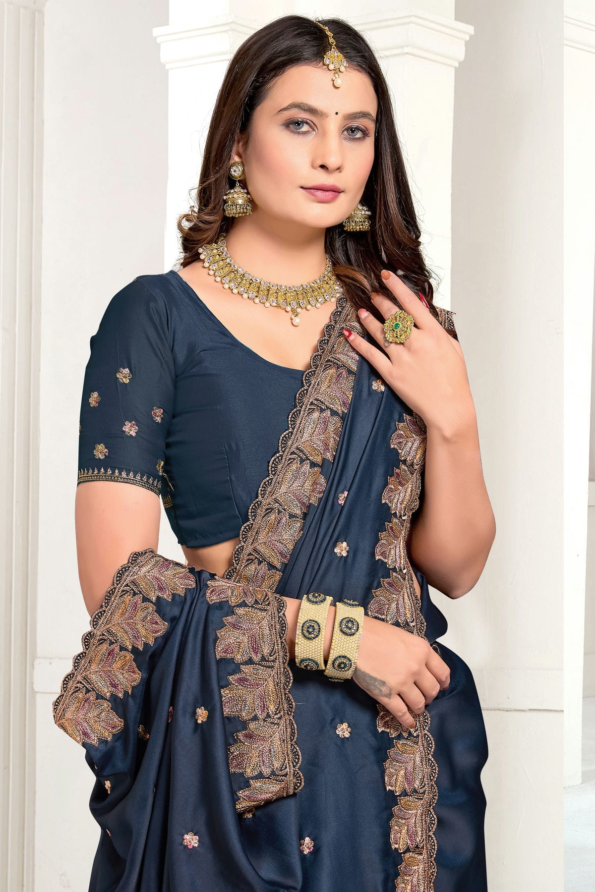 Teal Colour Satin Designer Saree