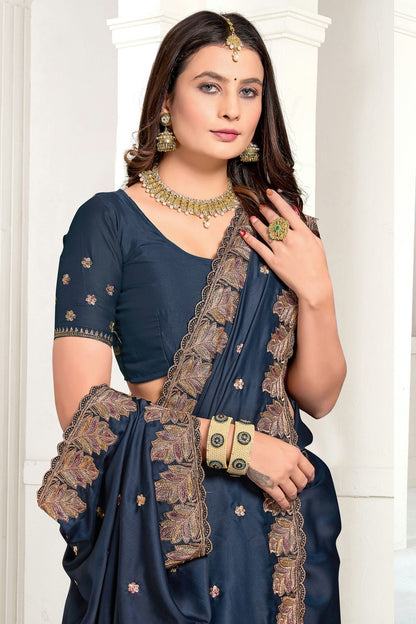 Teal Colour Satin Designer Saree