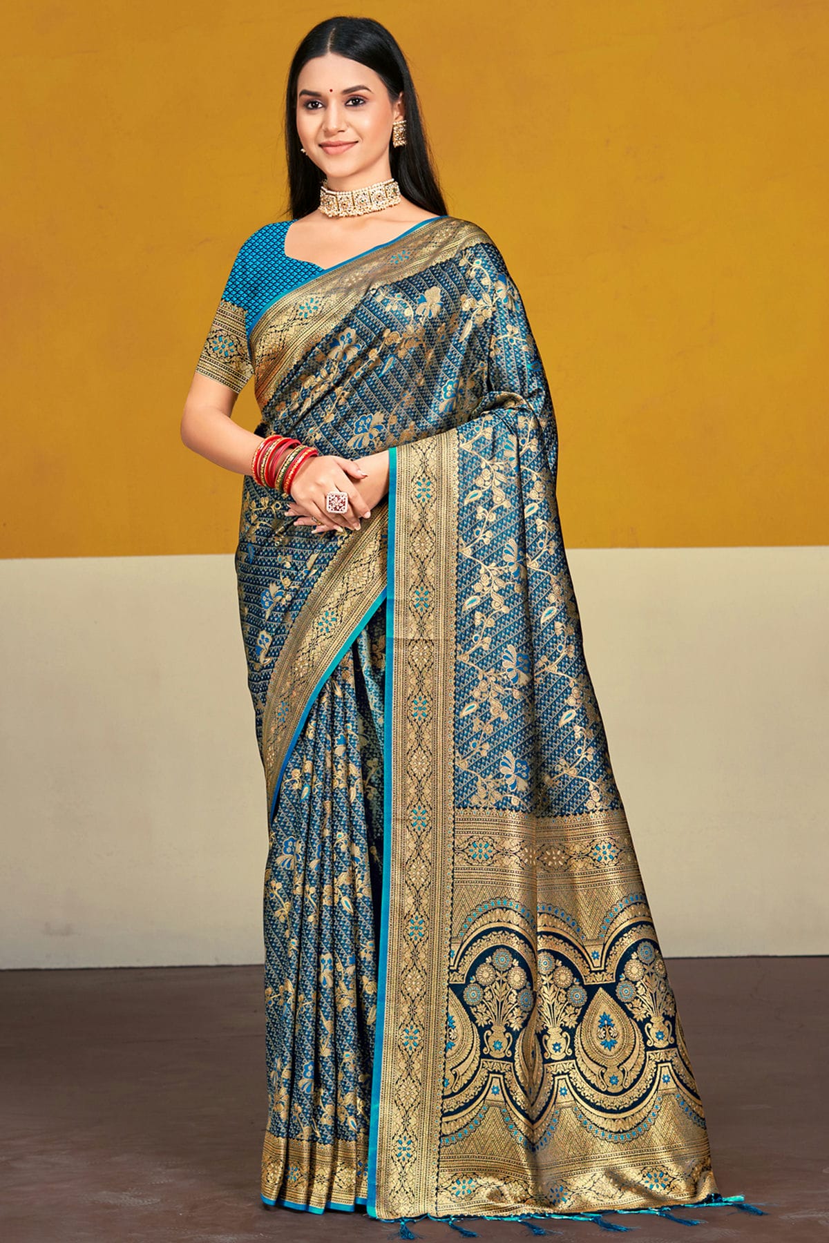 Teal Colour Satin Silk Traditional Saree