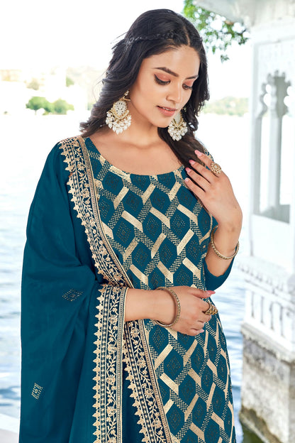 Teal Colour Semi Stitched Blooming Vichitra Pant Style Suit VSSM1140162