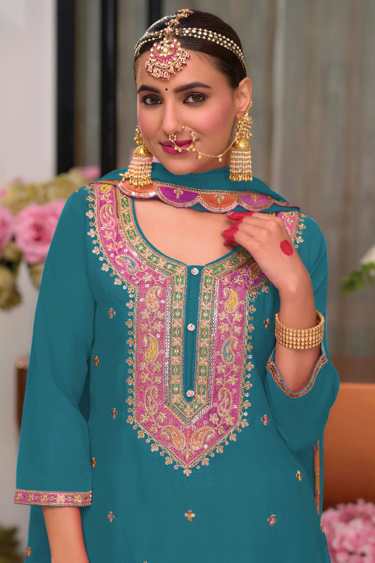 Teal Colour Semi Stitched Chinon Palazzo Pant Suit VSSM1112788