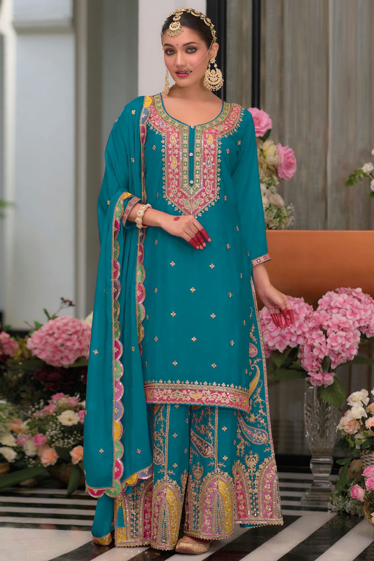 Teal-Colour-Semi-Stitched-Chinon-Palazzo-Pant-Suit-VSSM1112788