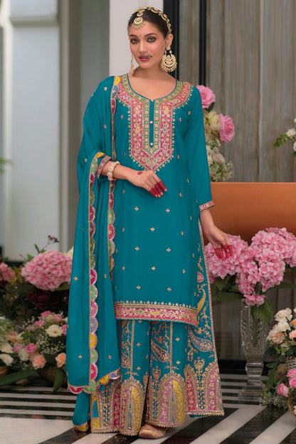 Teal-Colour-Semi-Stitched-Chinon-Palazzo-Pant-Suit-VSSM1112788