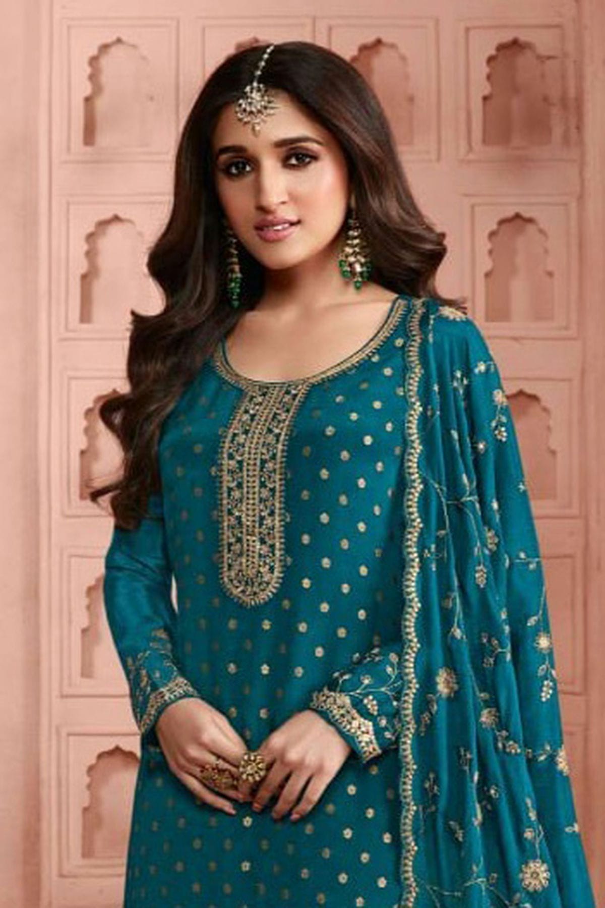 Teal Colour Semi Stitched Dola Jacquard Silk Pant Style Suit VSSM1140519