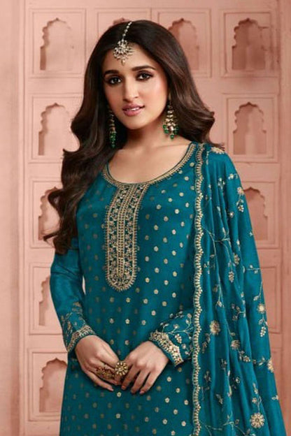 Teal Colour Semi Stitched Dola Jacquard Silk Pant Style Suit VSSM1140519
