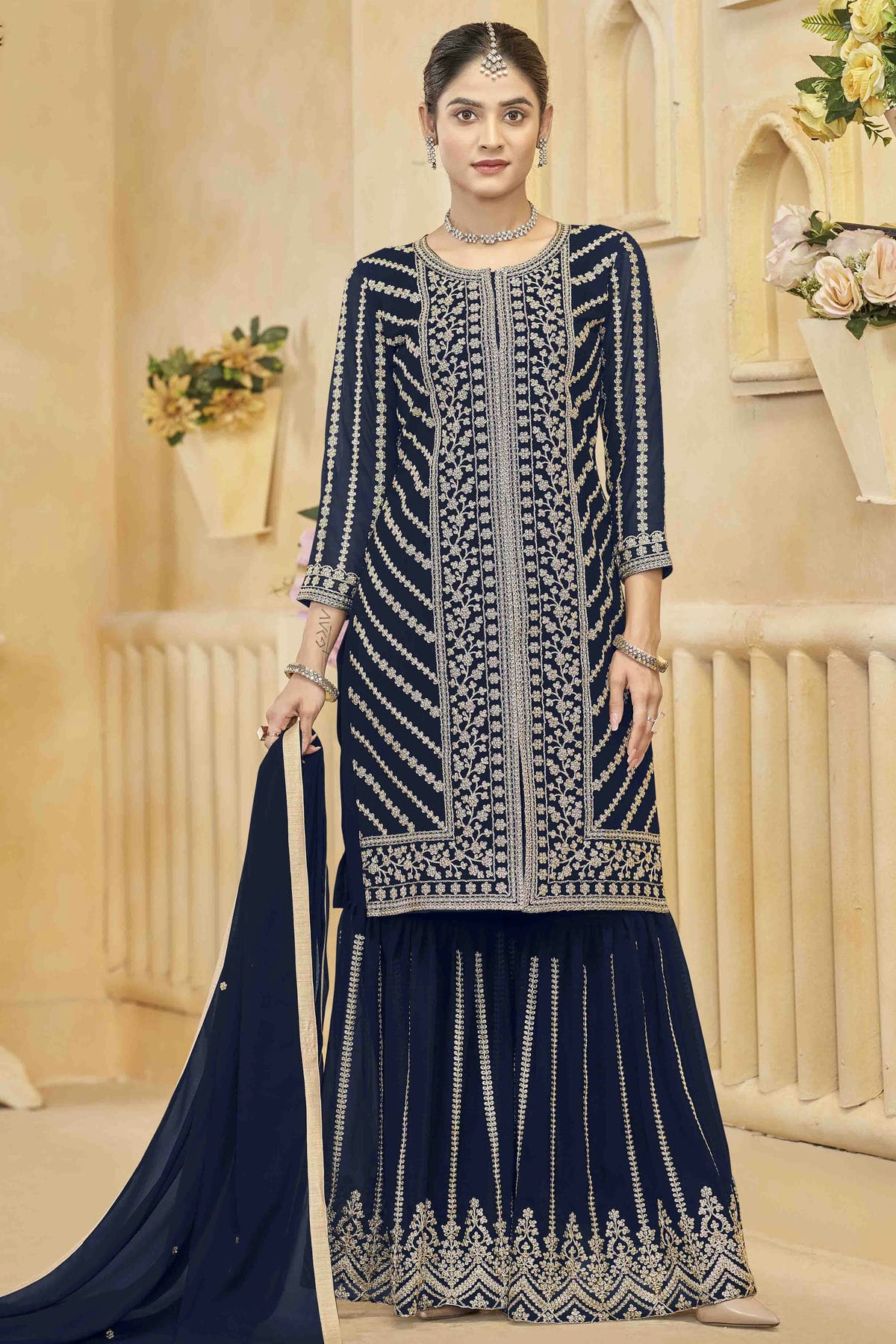 Teal Colour Semi Stitched Faux Georgette Sharara Suit VSSM1050749