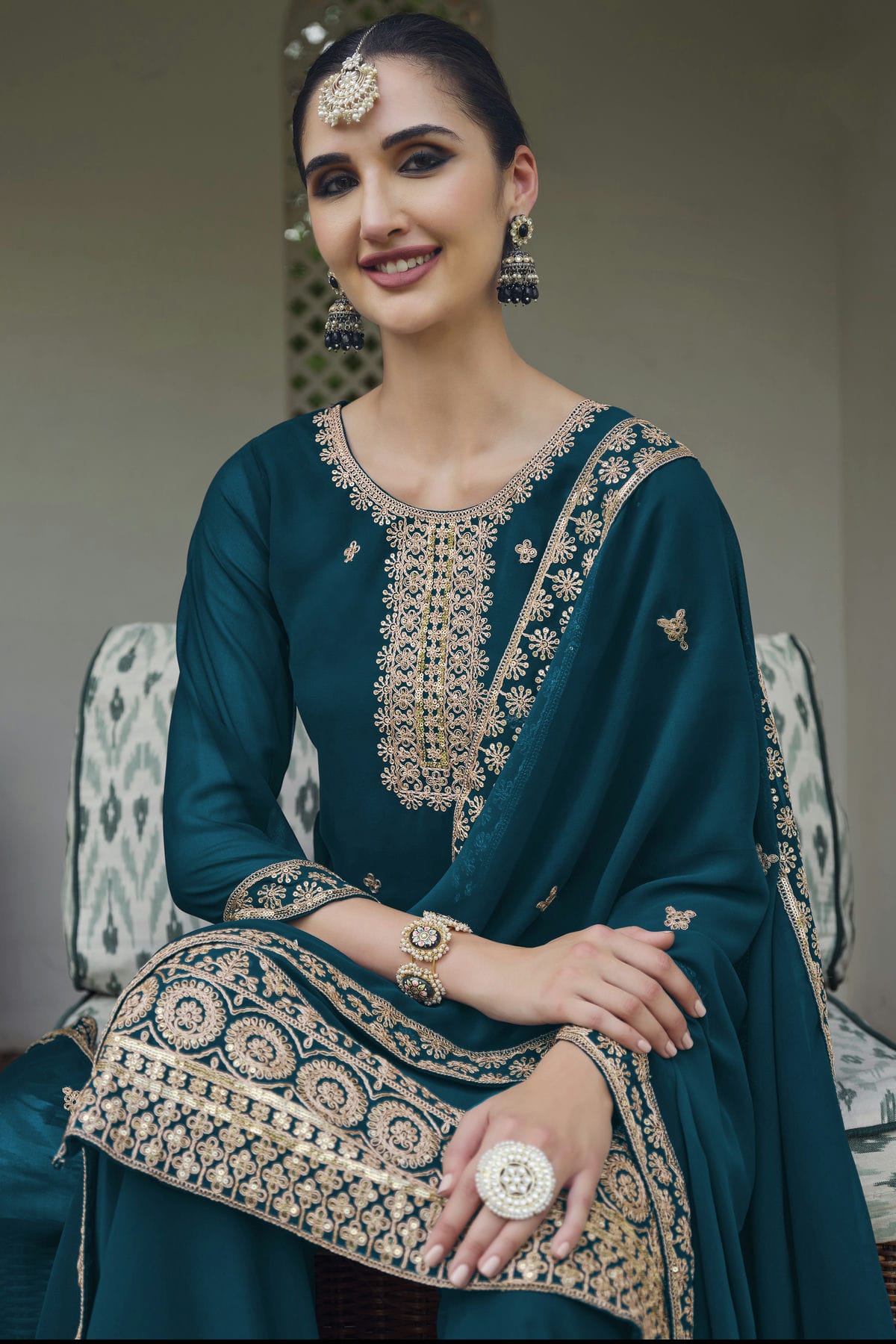 Teal Colour Semi Stitched Georgette Palazzo Pant Suit VSSM1140301