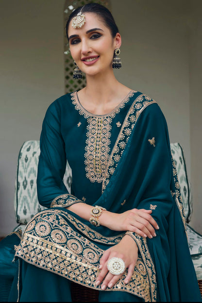 Teal Colour Semi Stitched Georgette Palazzo Pant Suit VSSM1140301