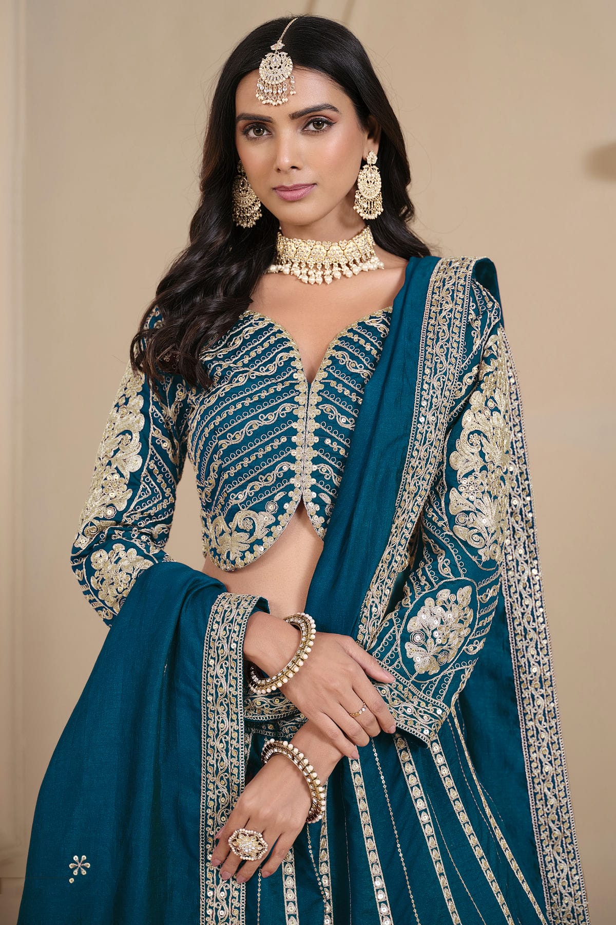 Teal Colour Semi Stitched Shimmer Art Silk Lehenga Choli