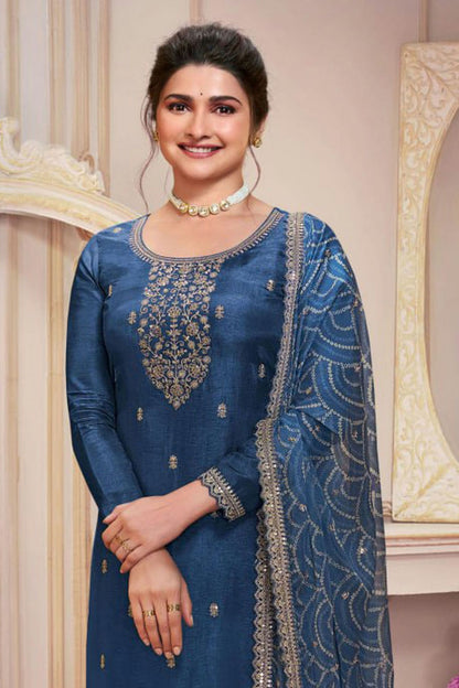 Teal Colour Semi Stitched Silk Georgette Pant Style Suit VSSM1140500