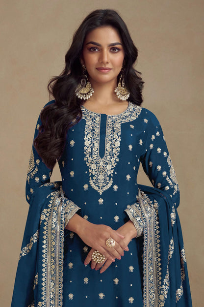 Teal Colour Semi Stitched Silk Palazzo Pant Suit VSSM1140361