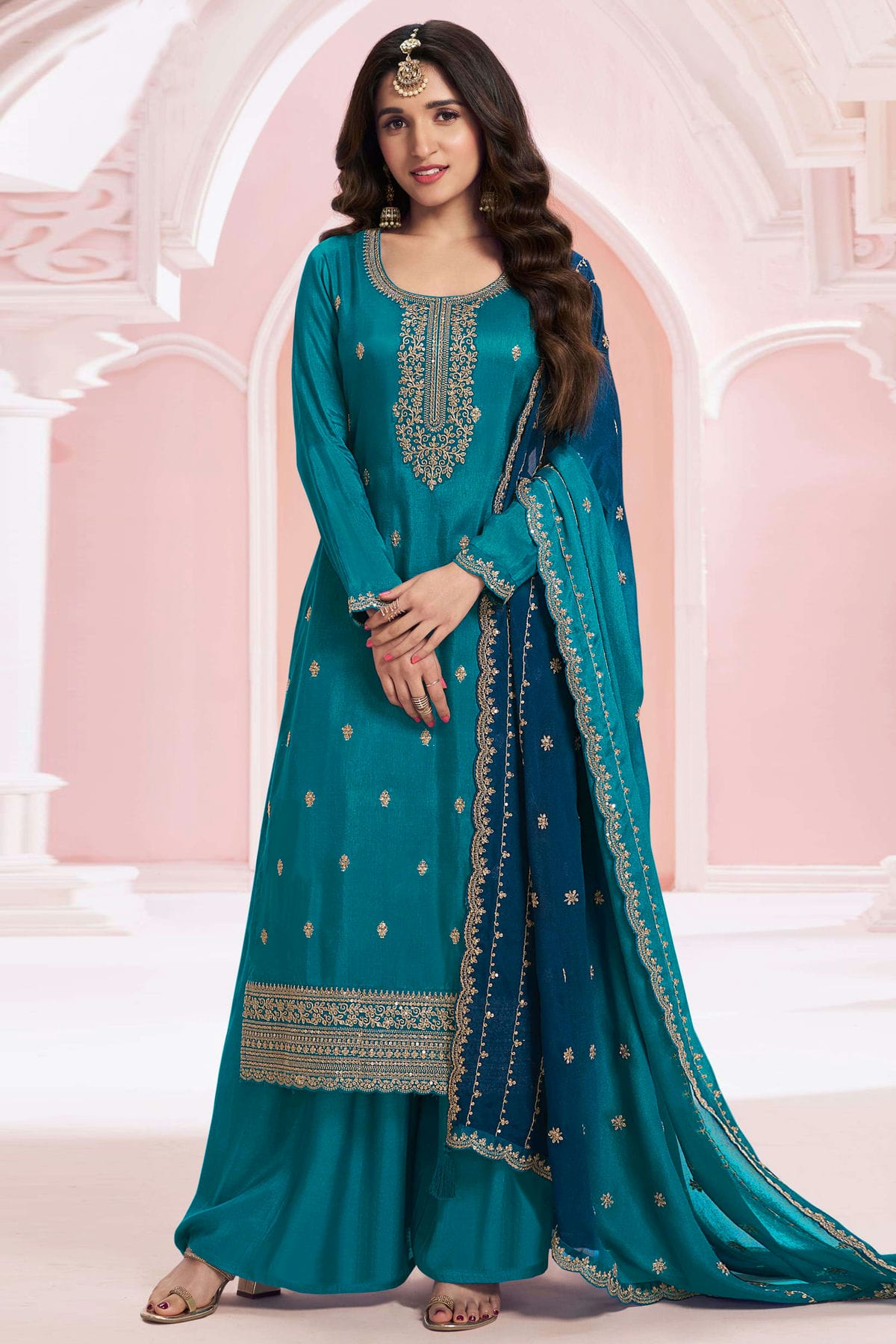 Teal Colour Semi Stitched Vichitra Silk Palazzo Pant Suit