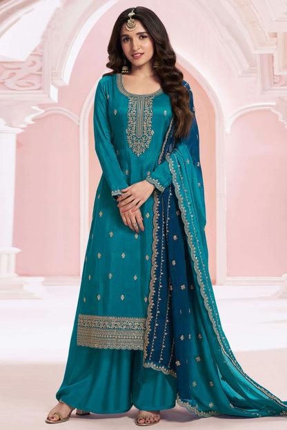 Teal Colour Semi Stitched Vichitra Silk Palazzo Pant Suit