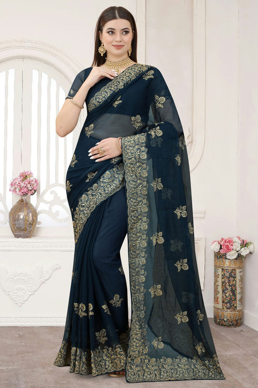 Teal Colour Silk Designer Saree