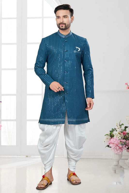 Teal Colour Silk Dupion Dhoti Sherwani