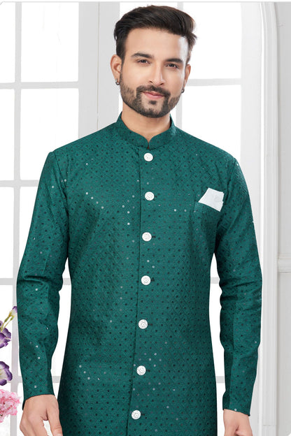 Teal Colour Silk Dupion Sherwani VSSH1040609