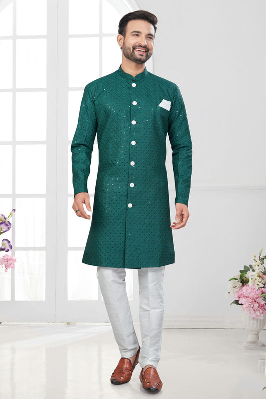 Teal Colour Silk Dupion Sherwani
