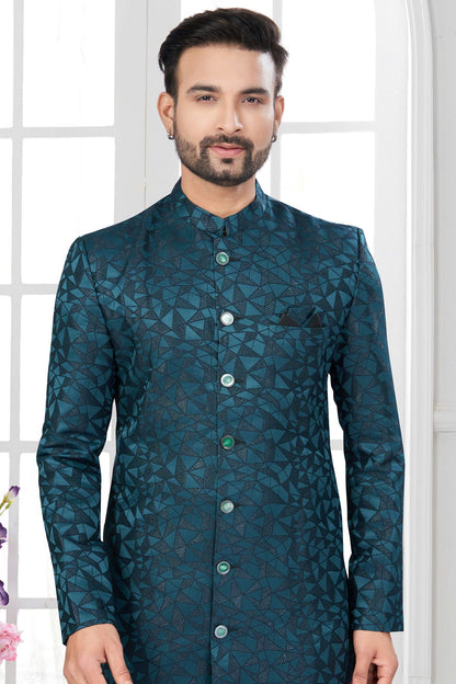 Teal Colour Silk Dupion Sherwani VSSH1040623
