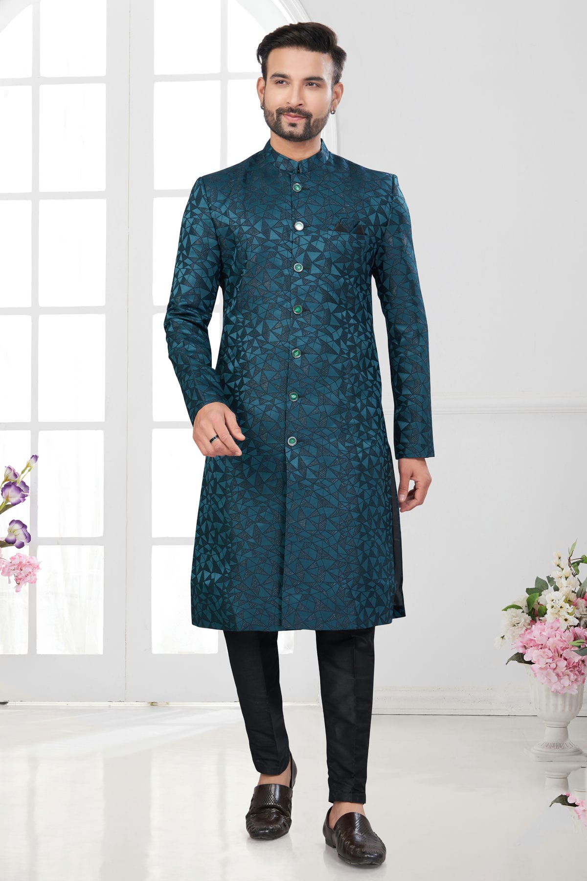 Teal Colour Silk Dupion Sherwani