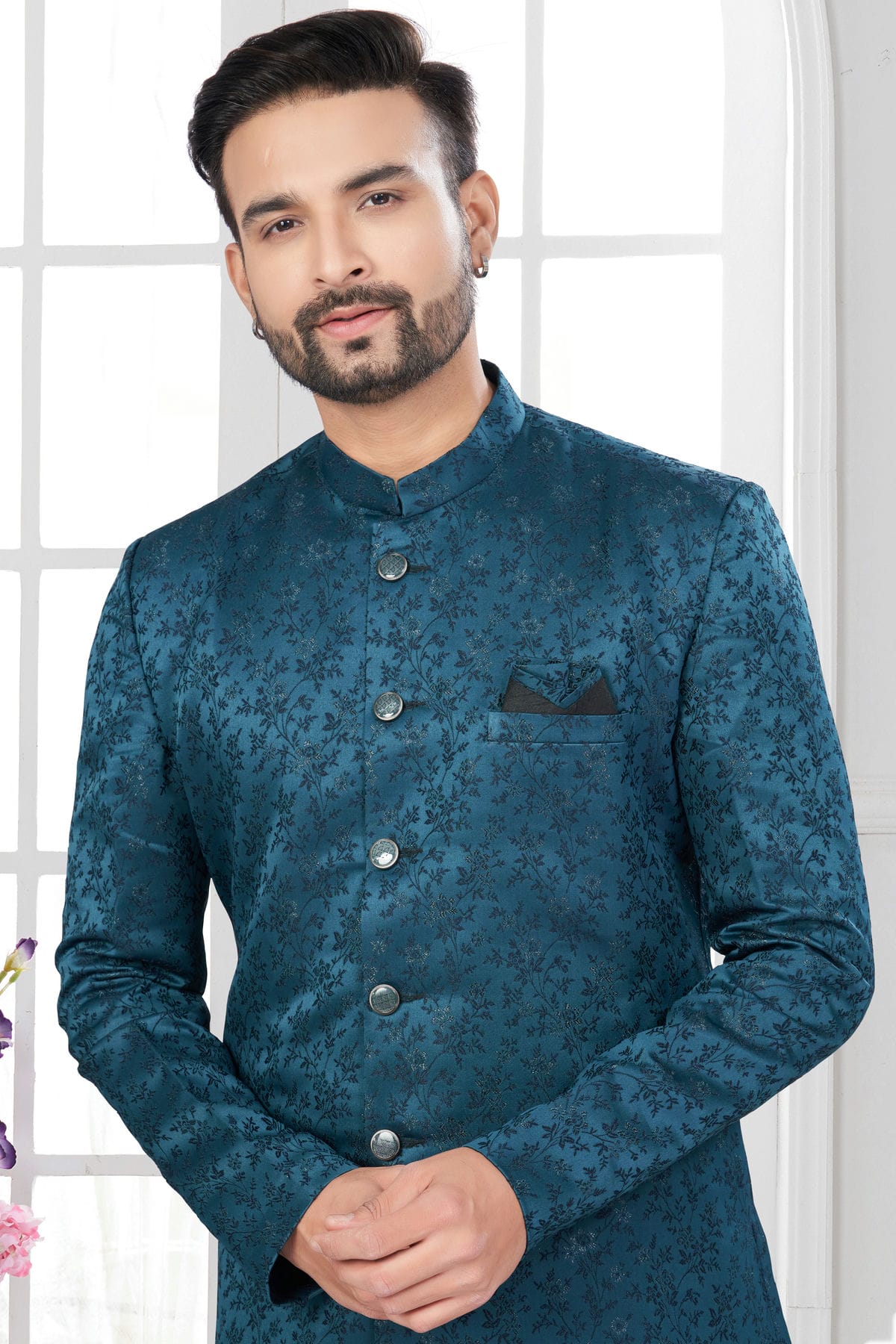 Teal Colour Silk Dupion Sherwani VSSH1040626