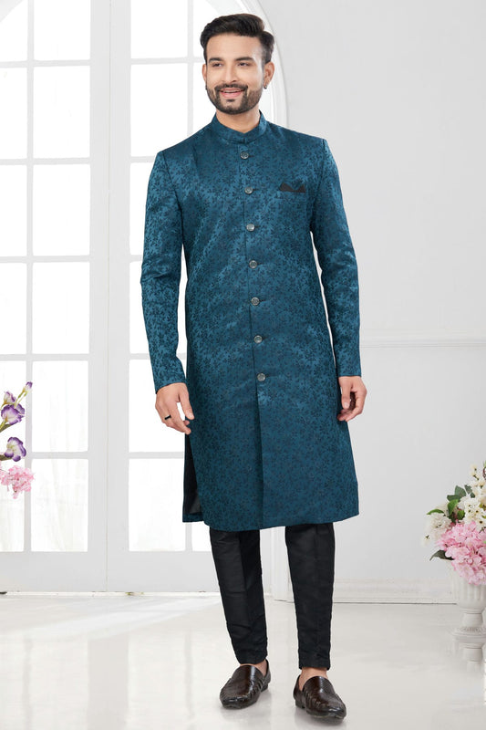 Teal Colour Silk Dupion Sherwani