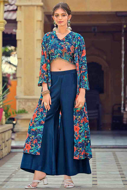 Teal Colour Silk Stitched Indo Western Suit VSSS1113943