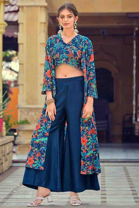 Teal Colour Silk Stitched Indo Western Suit VSSS1113943