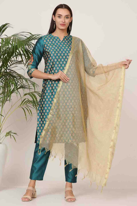 Teal Colour Silk Stitched Suit VSSS1112909