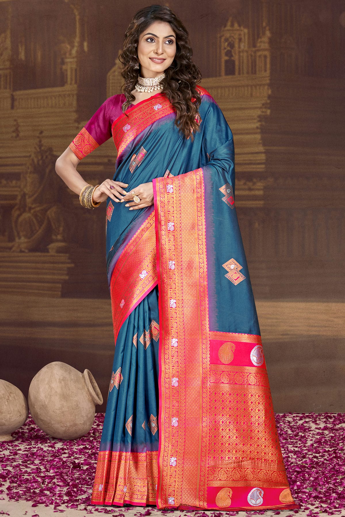 Teal Colour Silk Woven Work Traditional Saree