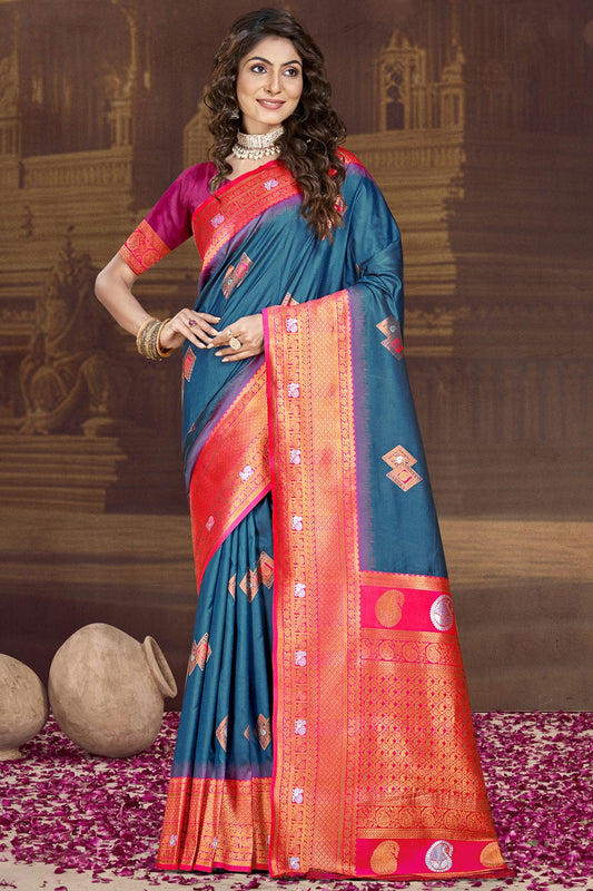 Teal Colour Silk Woven Work Traditional Saree