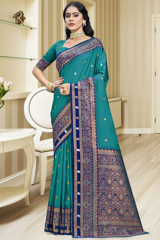 Teal Colour Silk Woven Work Traditional Saree