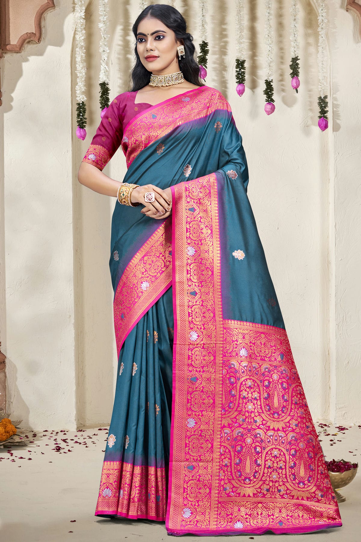Teal Colour Silk Woven Work Traditional Saree