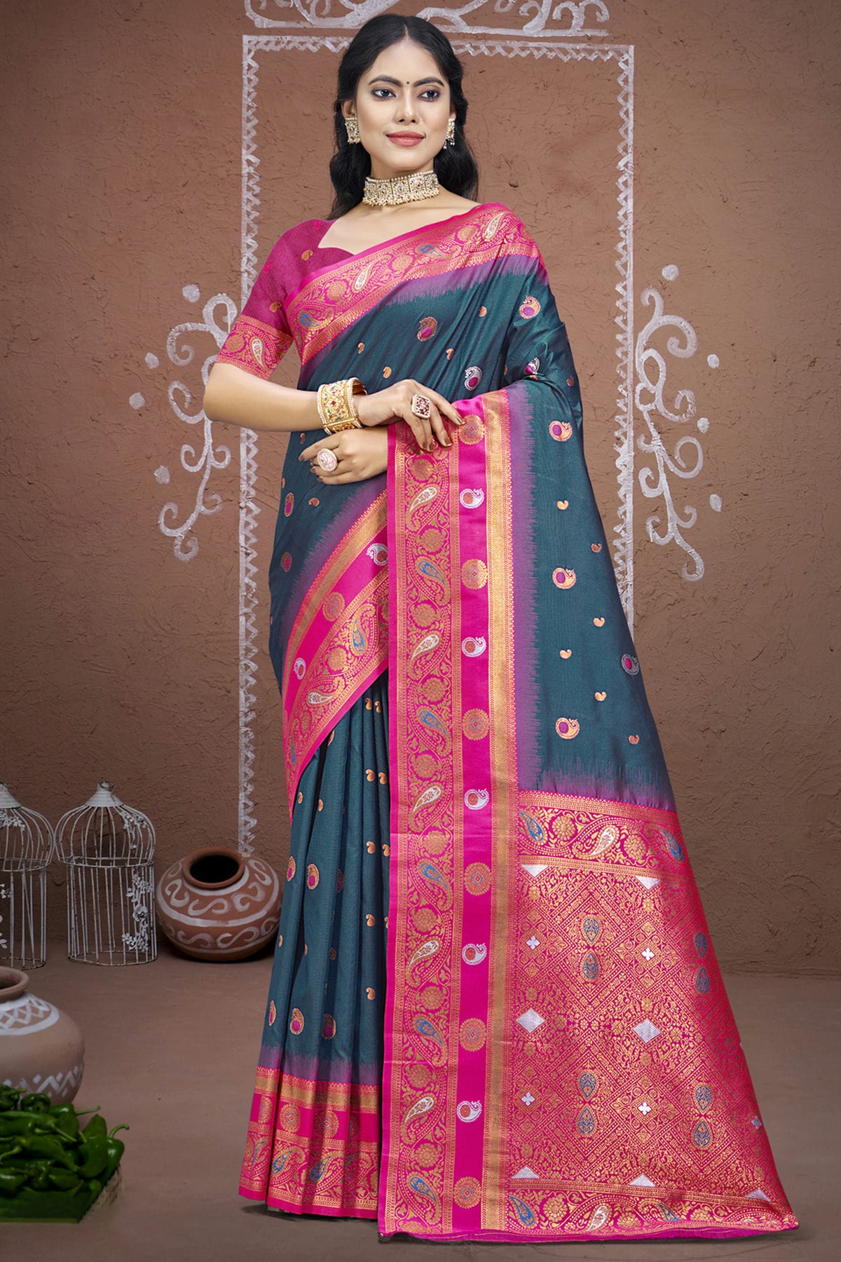 Teal Colour Silk Woven Work Traditional Saree