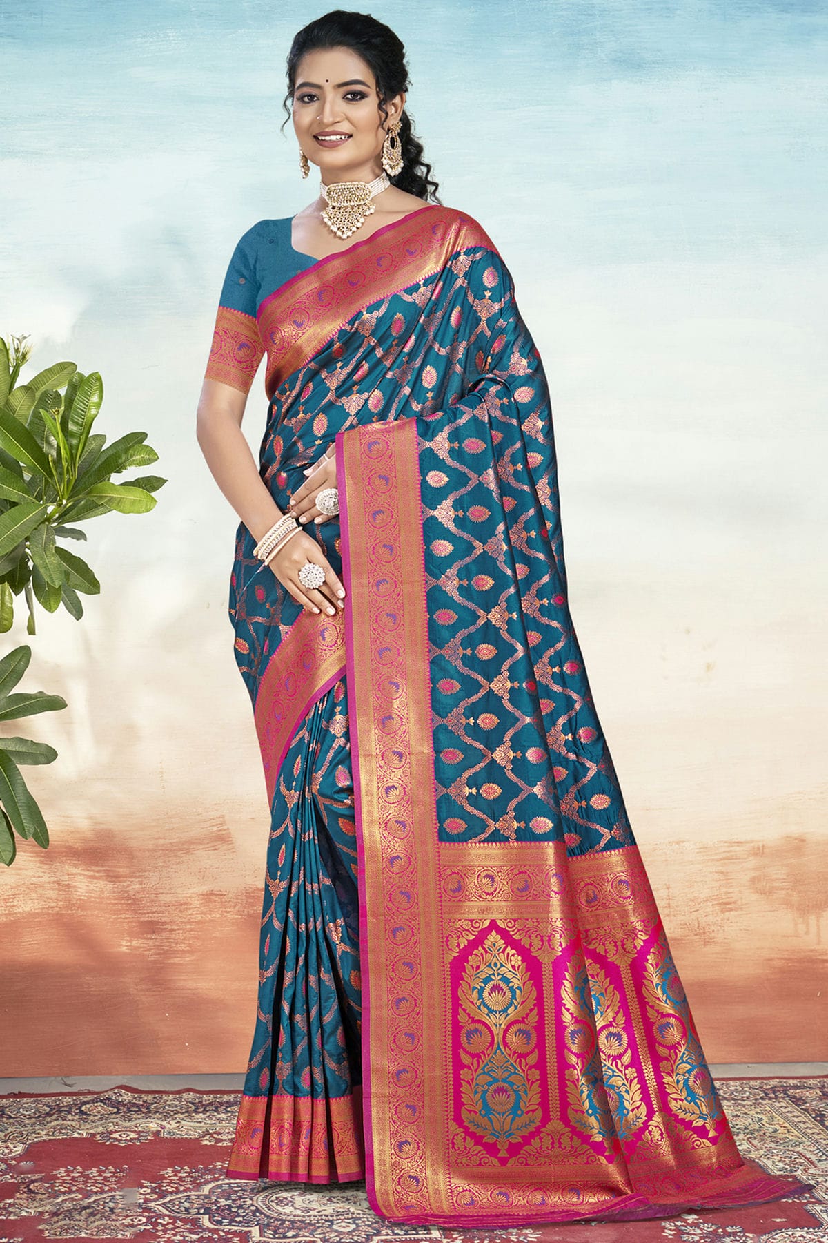 Teal Colour Silk Woven Work Traditional Saree