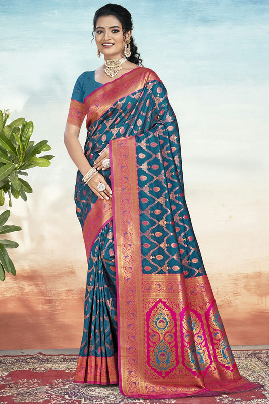 Teal Colour Silk Woven Work Traditional Saree