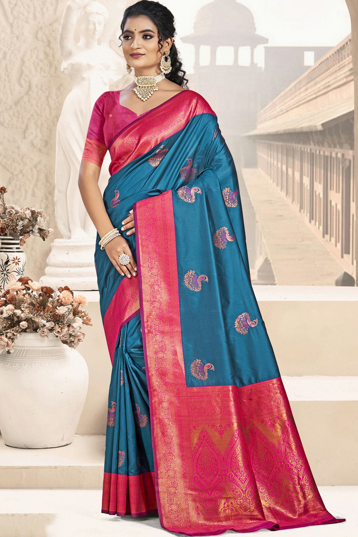 Teal Colour Silk Woven Work Traditional Saree