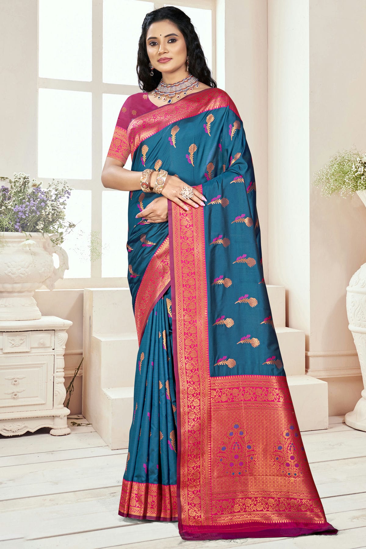 Teal Colour Silk Woven Work Traditional Saree