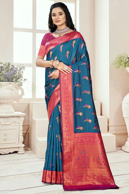 Teal Colour Silk Woven Work Traditional Saree