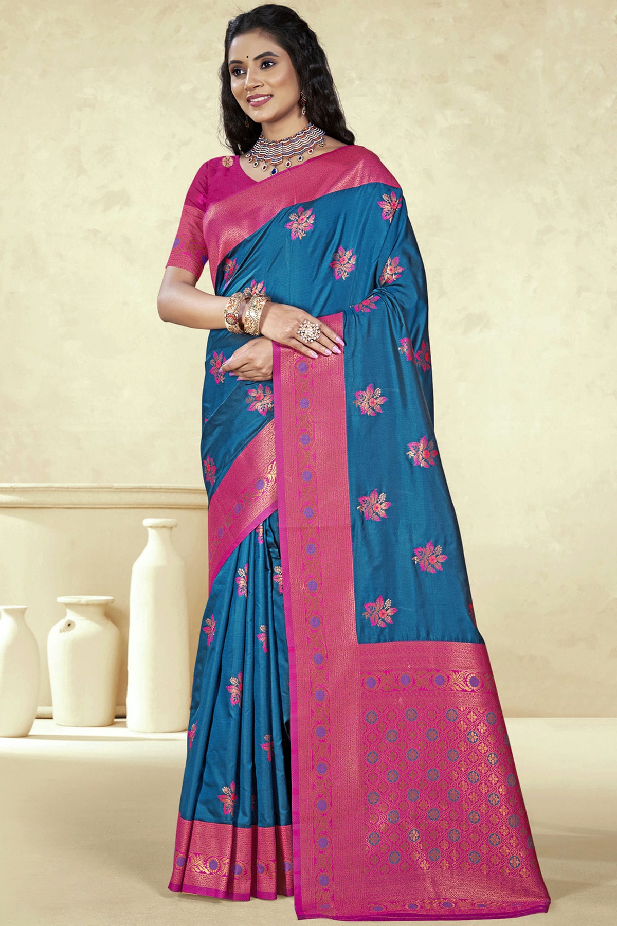 Teal Colour Silk Woven Work Traditional Saree