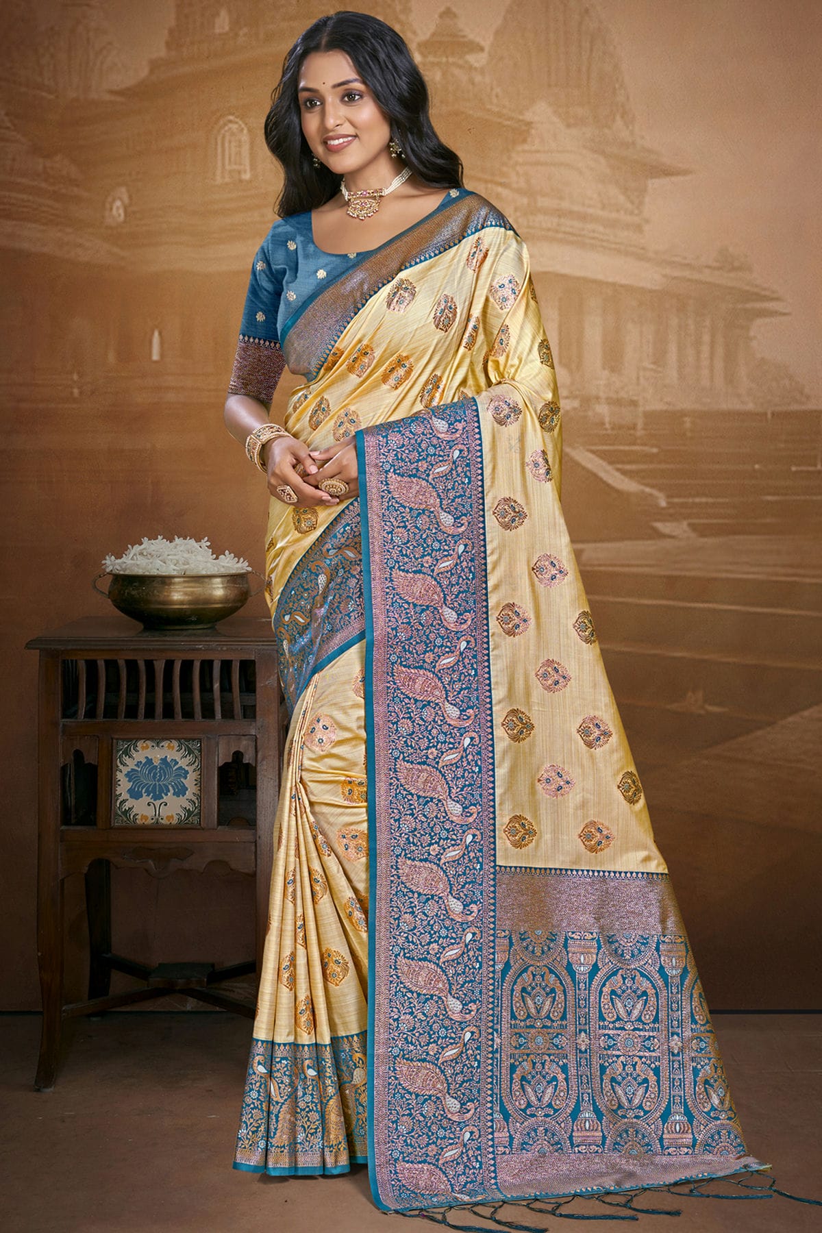 Teal Colour Silk Woven Work Traditional Saree