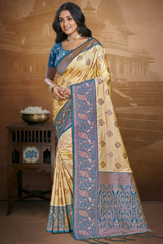 Teal Colour Silk Woven Work Traditional Saree