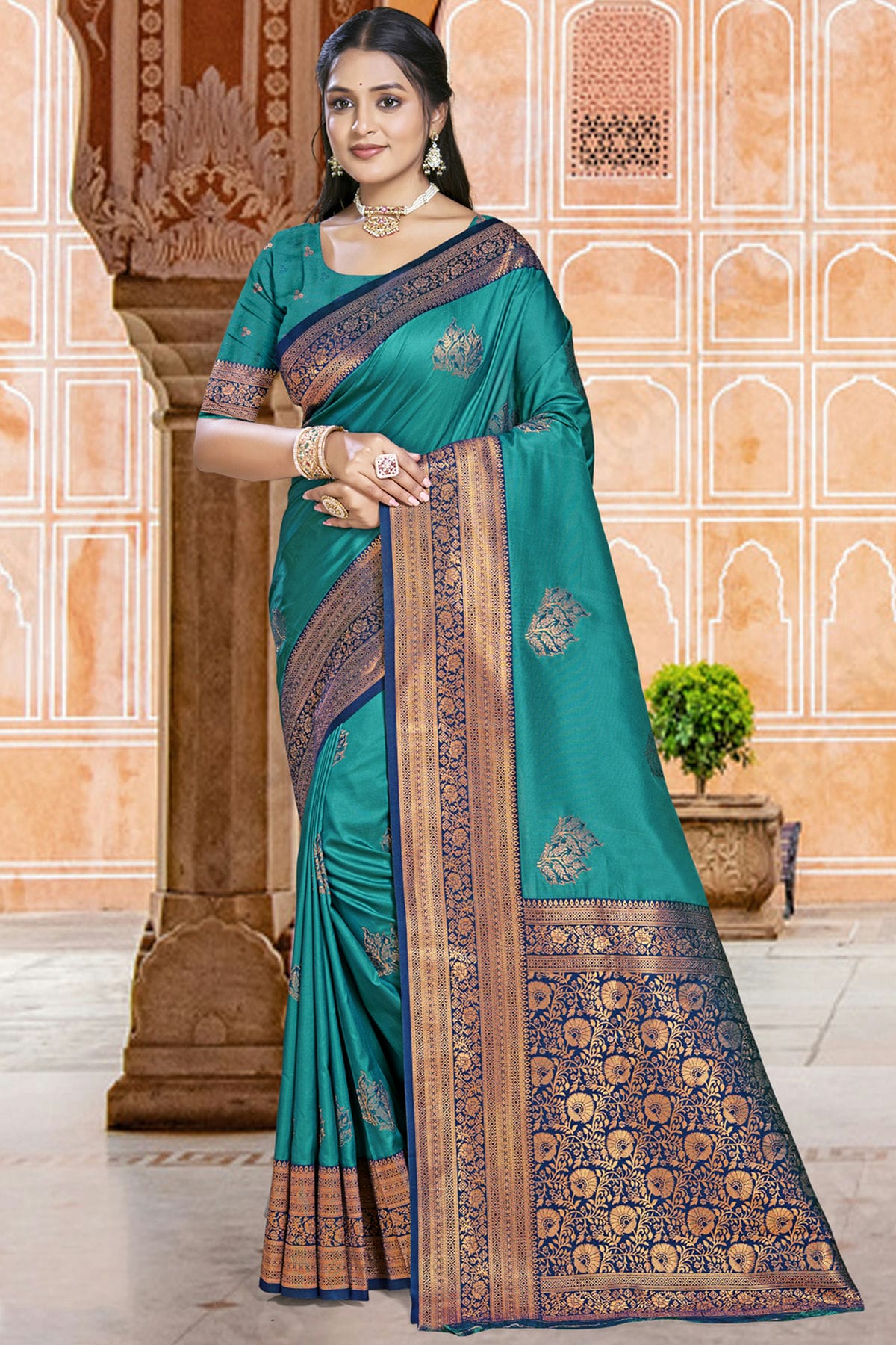 Teal Colour Silk Woven Work Traditional Saree