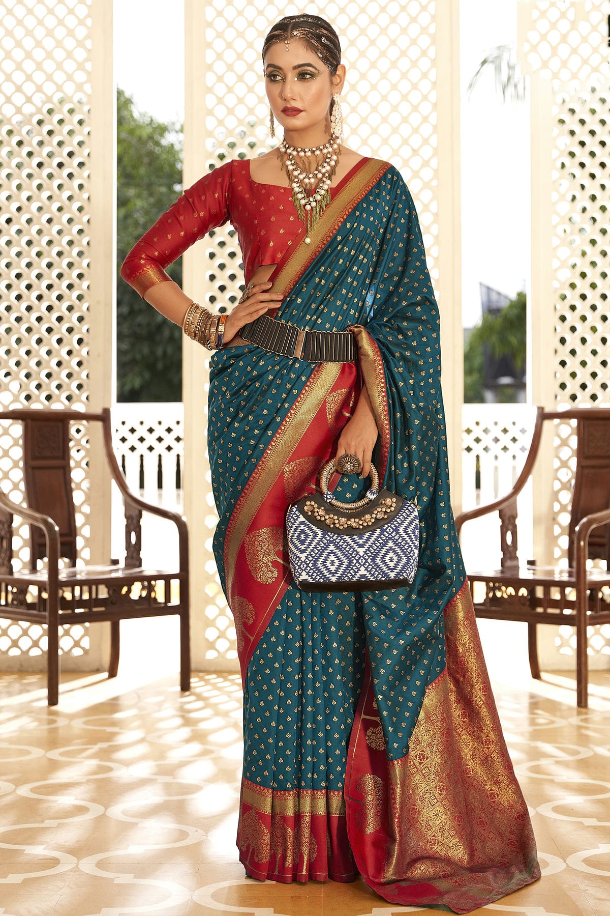 Teal Colour Soft Banarasi Silk Woven Work Saree