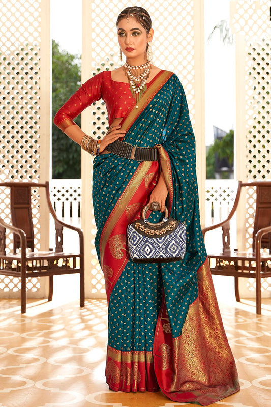 Teal Colour Soft Banarasi Silk Woven Work Saree