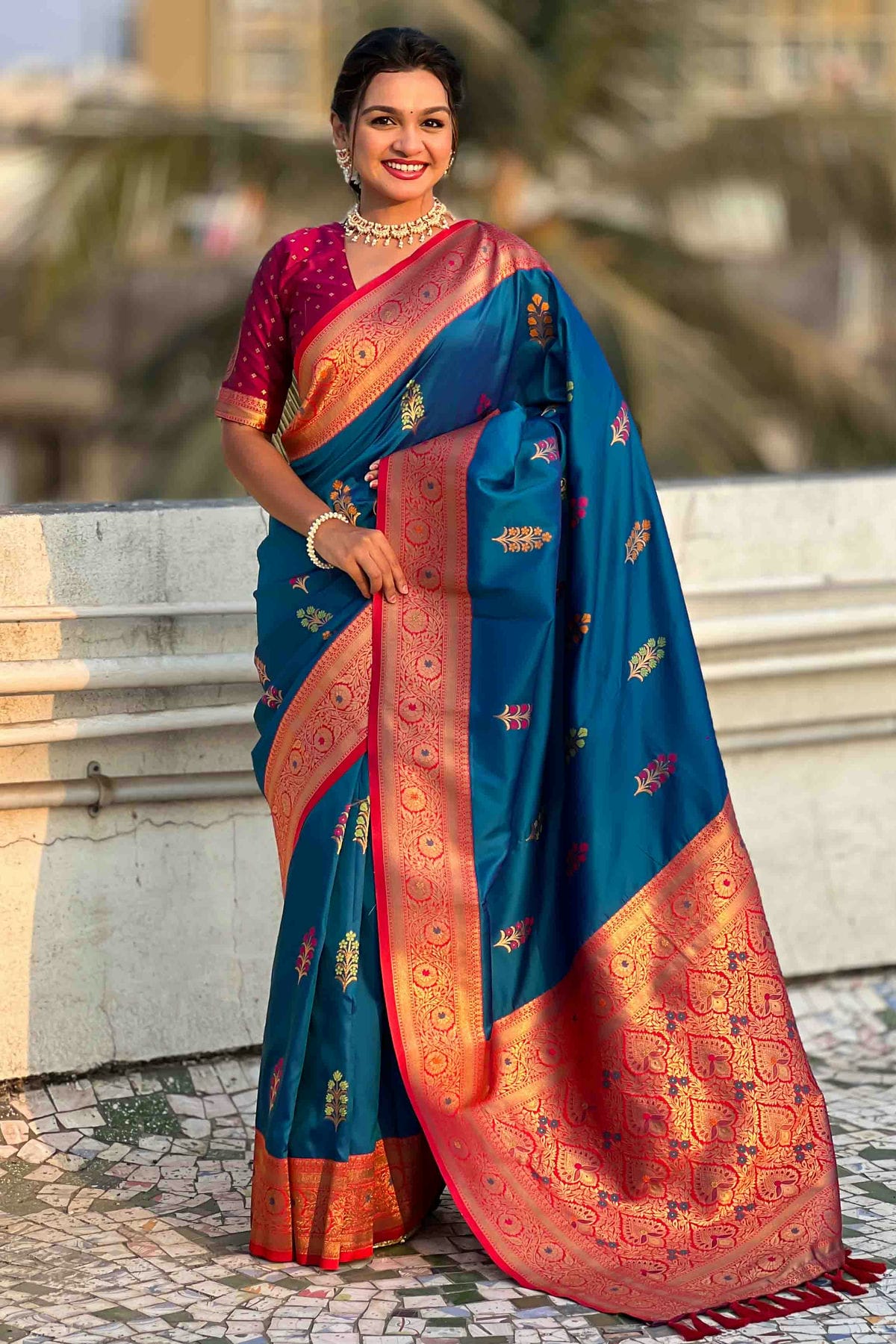 Teal Colour Soft Silk Meenakari Work Traditional Saree VSSD1113581