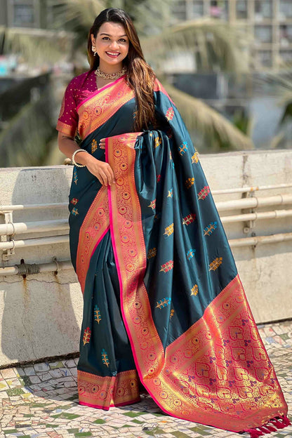 Teal Colour Soft Silk Meenakari Work Traditional Saree VSSD1113583