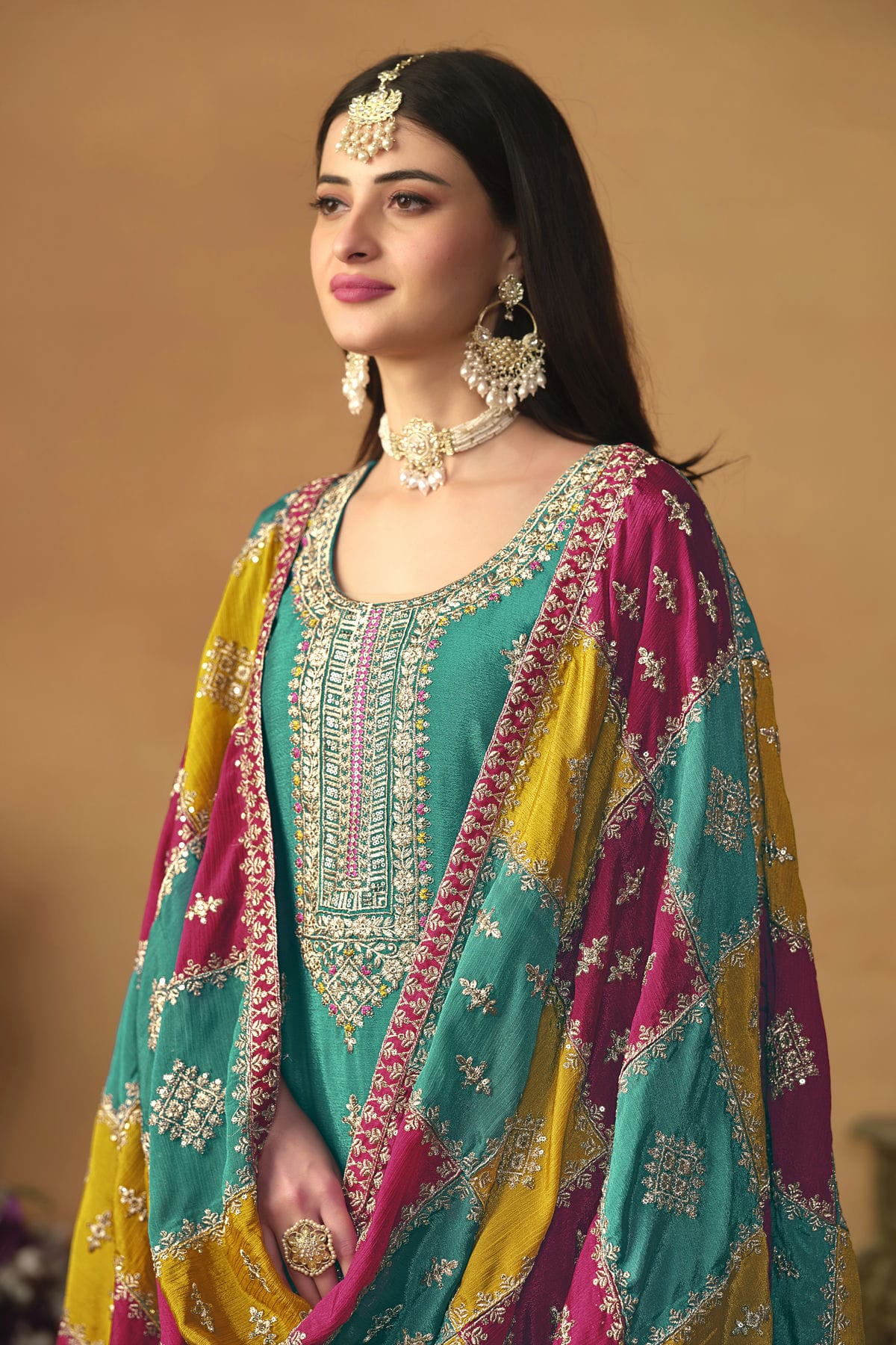 Teal Colour Straight Suit Chinon Silk Semi Stitched VSSM1050493